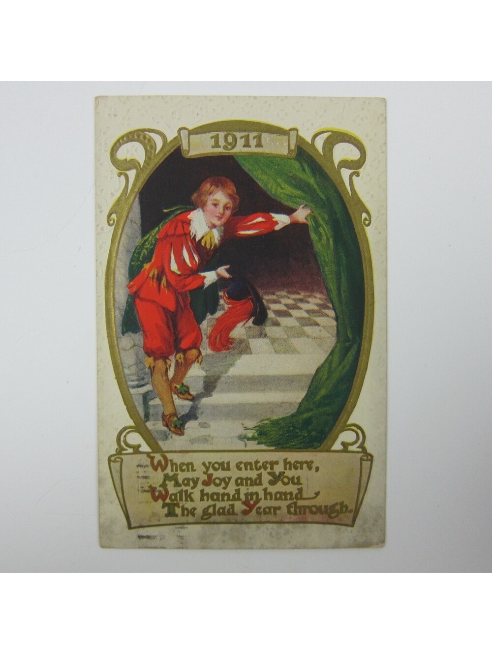 Postcard New Year Courtier Boy Holds Open Curtain Gold Embossed Antique 1911